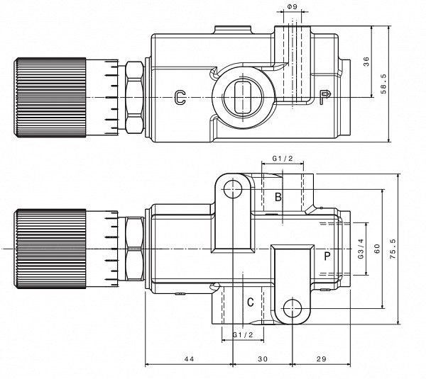 Pressure compensated flow regulator 3-way